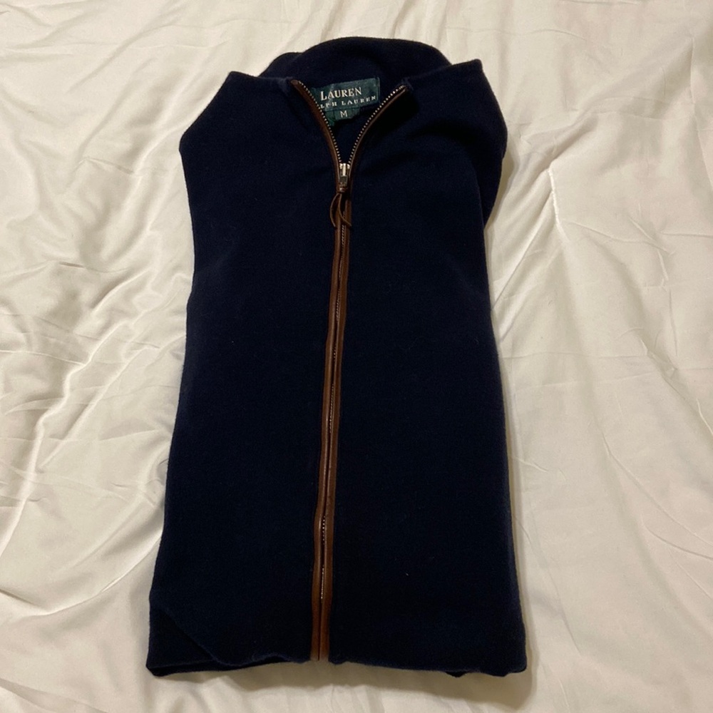 Ralph Lauren Navy Full Zip Up Mock Sweater, Navy/Brown Faux Trim Size M, EUC - Picture 13 of 13